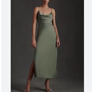 BHLDN Cali Satin Cowl Neck Sleeveless Midi Slip Dress size 6 Moss Green Wedding